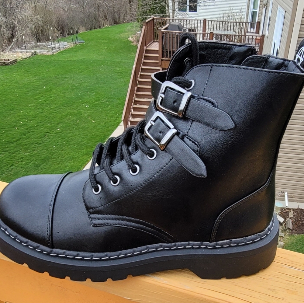 Anarchic By T.U.K. Double Buckle Vegan Combat Boots, Black, Size 9 Women